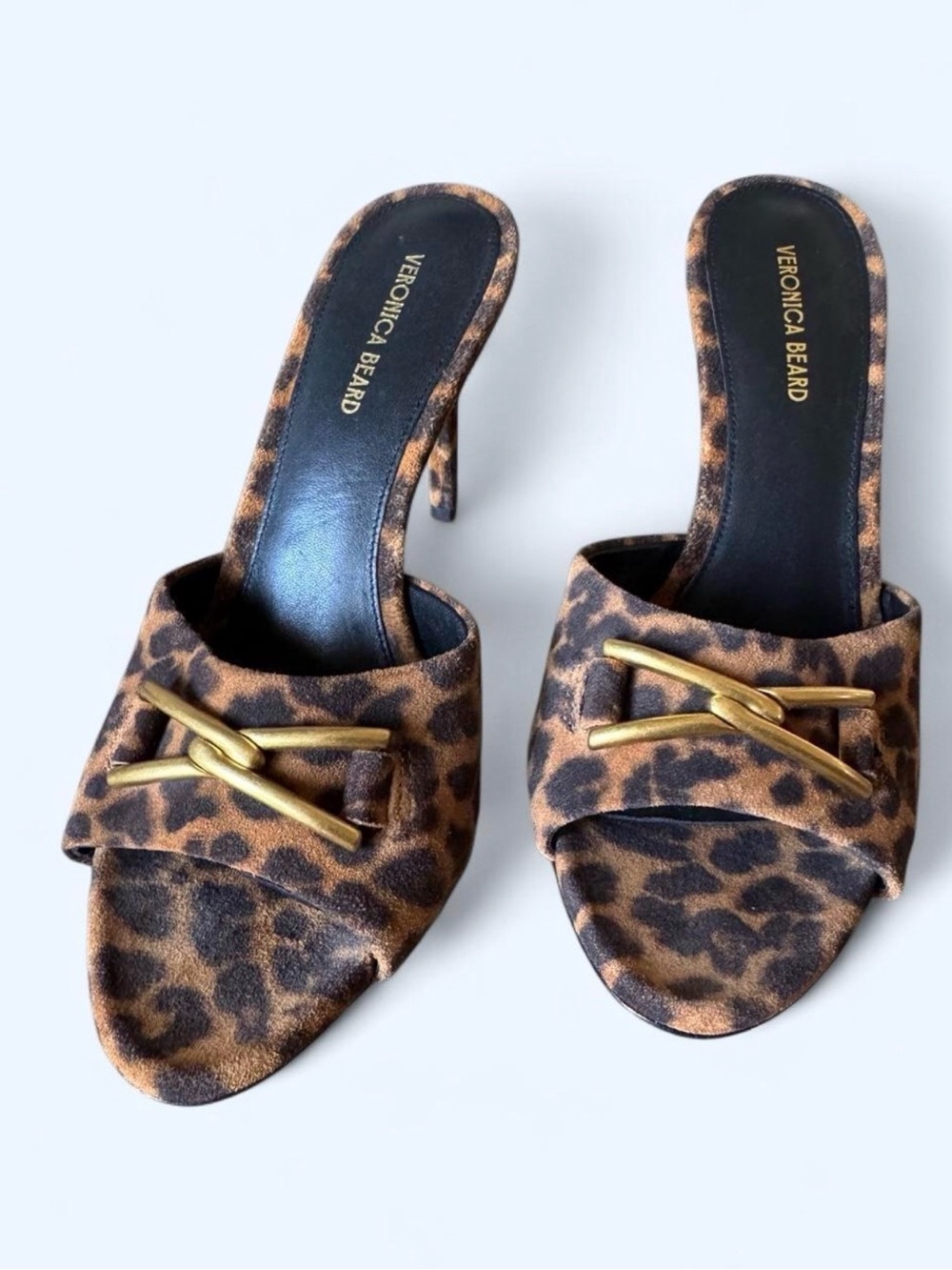 Veronica Beard Leopard-Print Suede Mule Heels with Gold Buckle - Picture 4 of 6